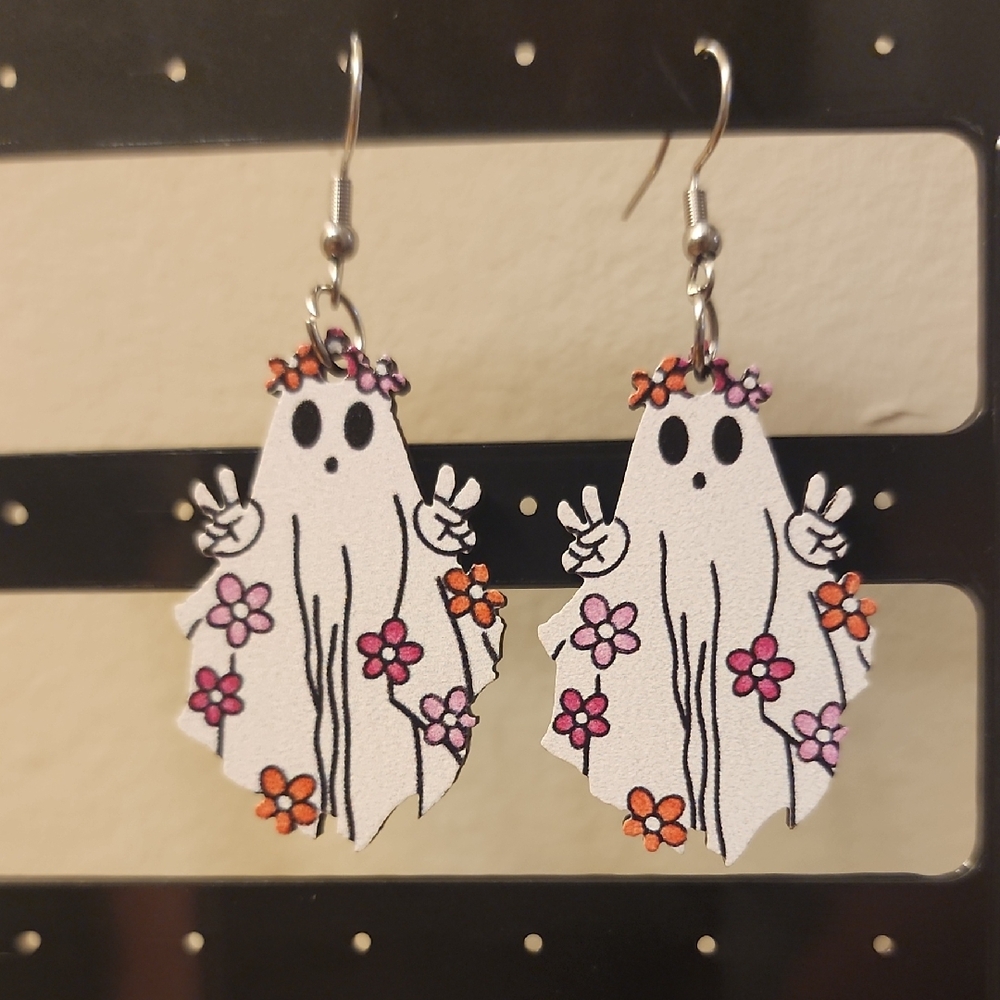 Hippie Peace Ghost Earrings with Floral Accents New